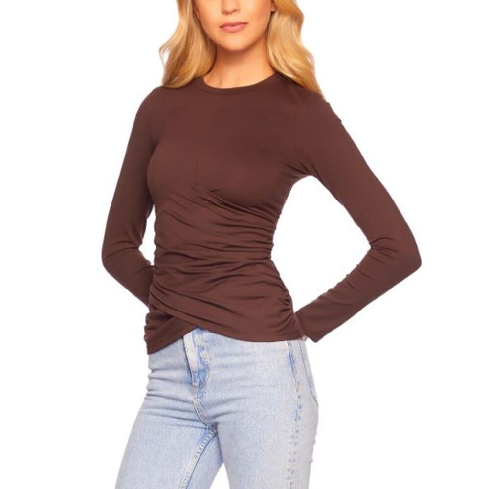 Susana Monaco Long Sleeves Crewneck Faux Wrap Tops Brown NWT Size XL